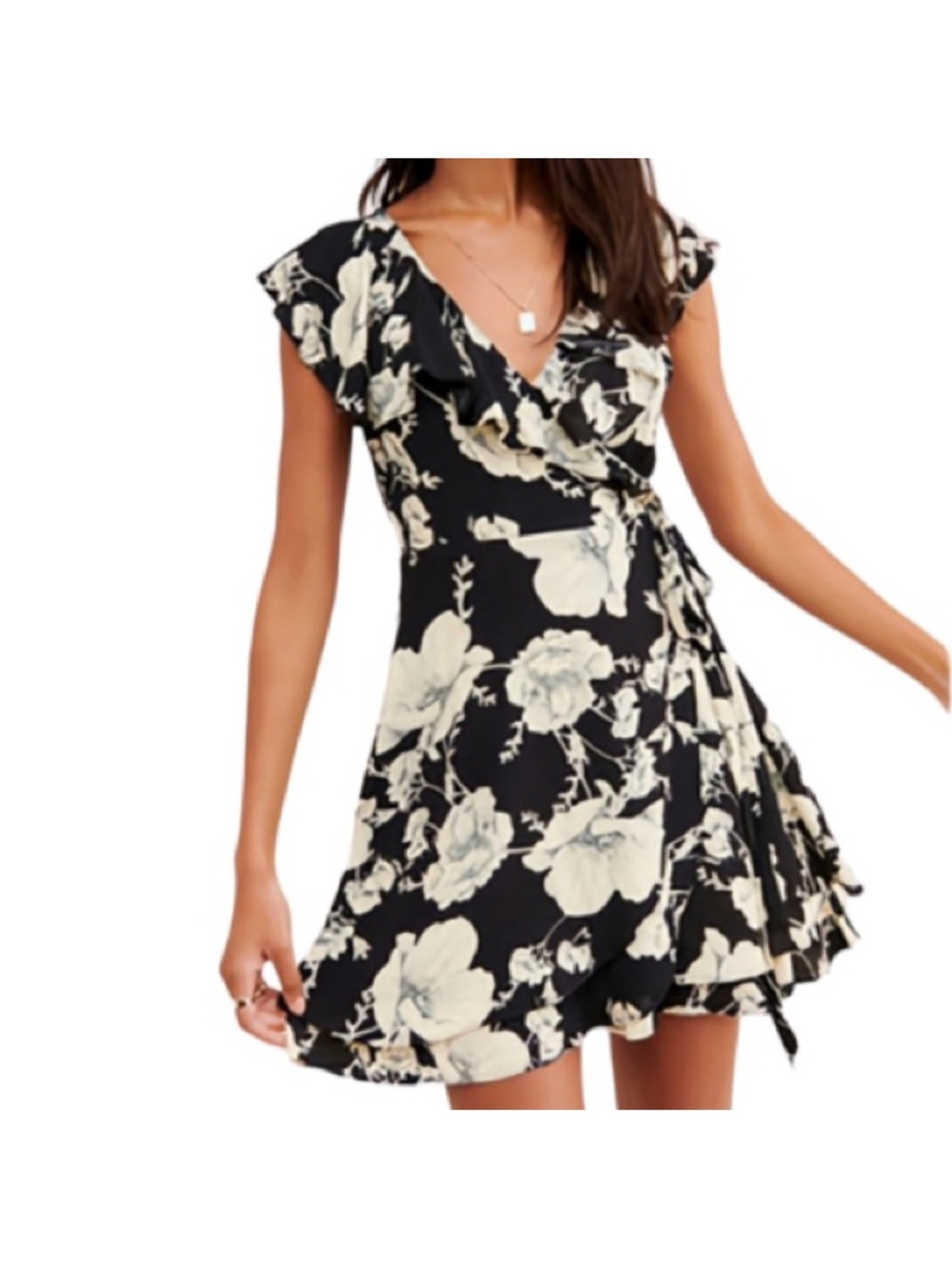 Free People Black and Cream Floral Wrap Mini Dress